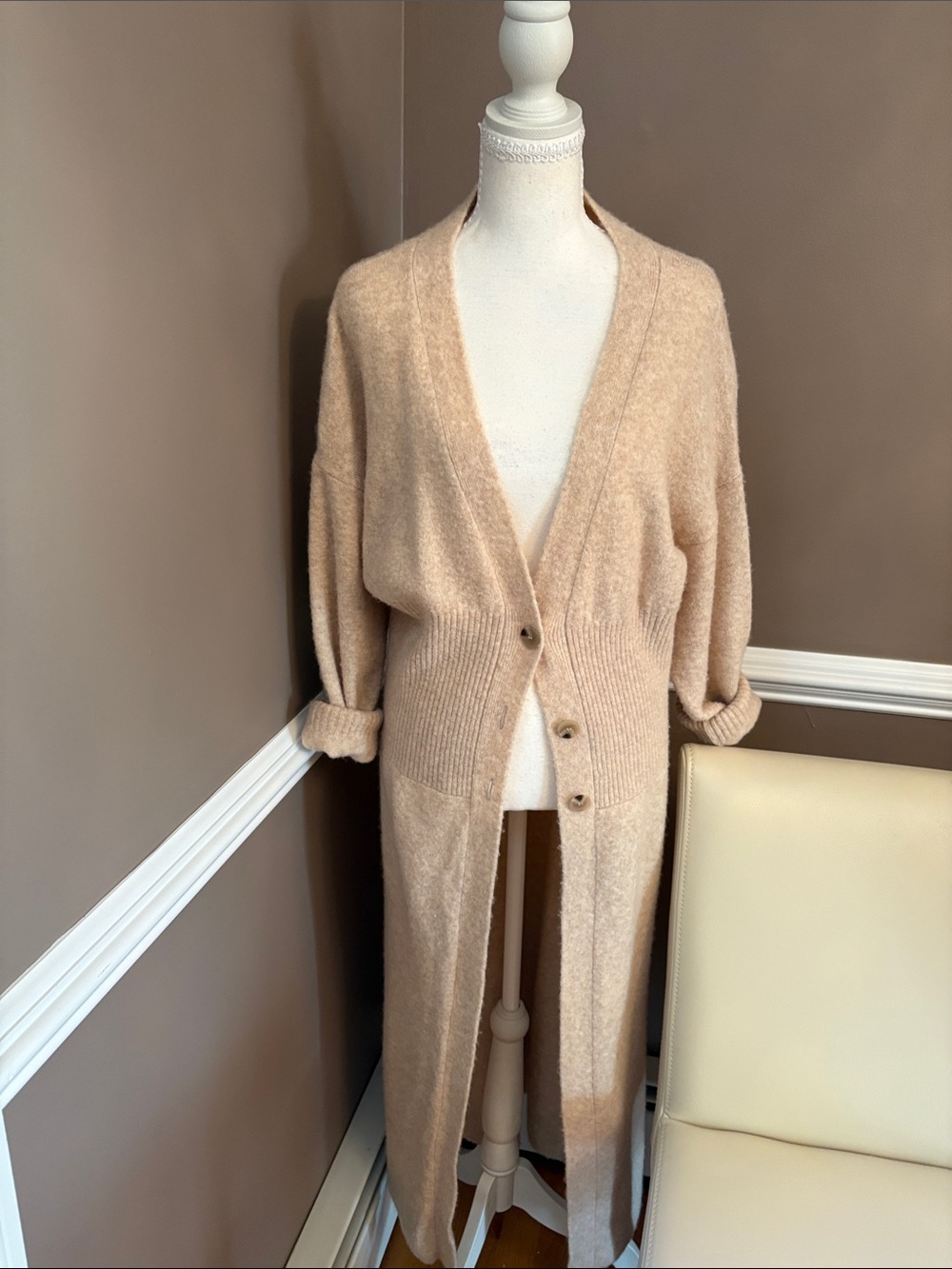 Zara Long Beige Button-Front Cardigan